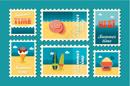 夏令时邮票套装 fla邮戳贝壳假期海洋冲浪板海滩冲浪温度邮政奶油图片