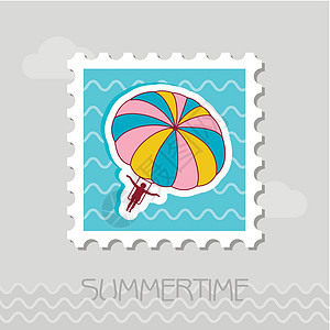 展出 暑期打扫活动邮票跳伞娱乐邮政海洋假期降落伞邮戳海滩插图闲暇图片