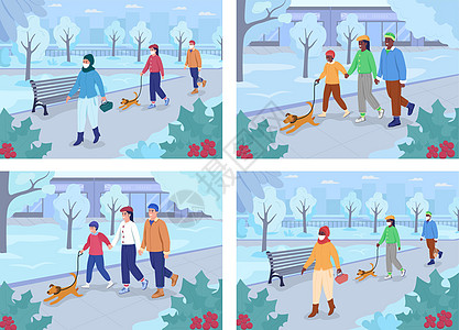 公园漫步在冬季公园平板彩色矢量插图集中行走设计图片