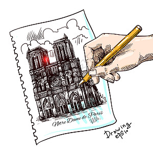 巴黎圣母院绘画圆顶寺庙历史性游客纪念碑城市插图首都建筑学图片