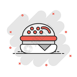 漫画风格的汉堡标志图标 白色孤立背景上的汉堡包矢量卡通插图 芝士汉堡商业概念飞溅效果小吃油炸营养包子早餐牛肉面包蔬菜午餐食物图片