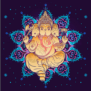 印度教主甘尼沙Ganesha在多彩的曼达拉上方 矢量插图 维他命装饰性病媒元素被孤立 手画paisley背景 印度motifs偶图片
