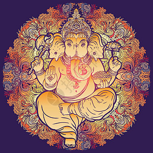 印度教主甘尼沙Ganesha在多彩的曼达拉上方 矢量插图 维他命装饰性病媒元素被孤立 手画paisley背景 印度motifs旅图片