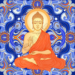 佛像坐在曼达拉圆形上沉思寺庙橙子光环温泉文化上帝插图避难所信仰图片