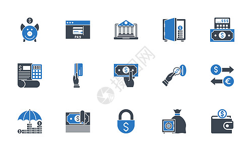 银行图标设置 黑色和蓝色电脑卡片计算器资金收藏货币金融会计文档建筑图片
