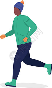 冬天跑步绿色大衣半平板彩色向量字符设计图片