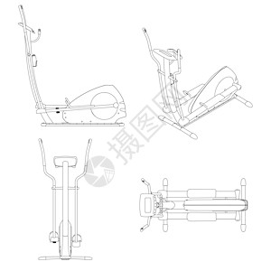 从白色背景上隔离的黑色线条设置慢跑机的轮廓 正面 侧面 等距 顶视图 矢量图图片