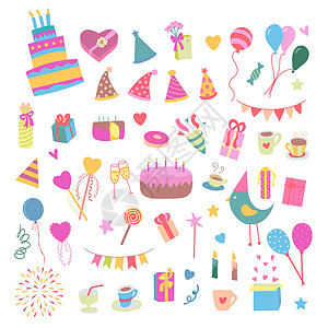 矢量说明生日派对彩色饰品和装饰 甜食 蛋糕 气球 糖果 平板卡通风格的礼物图片
