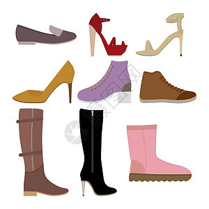设置不同的女鞋 各种类型的女鞋 一组孤立的平面彩色图标 矢量图 不同季节的鞋子 靴子 凉鞋 女人鞋的集合图片
