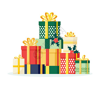 圣诞特卖 一堆礼品盒 带丝带的礼物 弓 白色背景上孤立的节日旗帜 圣诞购物概念 周年纪念 生日 婚礼 新年惊喜背景图片
