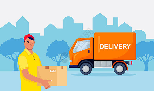 背景上有黄色卡车的送货员拿着包裹 身穿制服的年轻男性快递员手里拿着一个盒子 用货车运送货物图片