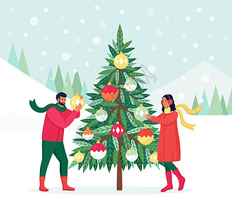 夫妇用装饰球装饰圣诞树 花环 家庭为庆祝做准备 圣诞快乐和新年快乐 人们庆祝寒假 男人把玩具挂在冷杉上图片