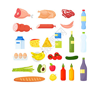 水果和蔬菜 肉类和日记 面包和饮料 矢量插图图片