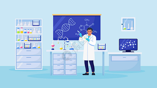 手持液体烧瓶的化学家 科学家正在实验室试验用于疫苗发现的设备 从事抗病毒治疗开发的医生管子微生物学发明者教授插图维生素技术测试化背景图片