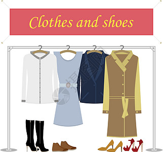 女式衣服挂在衣架和金属架上 鞋套 文本和广告的横幅 秋季 冬季 春季 夏季系列 矢量图 平面设计 红色和黑色的鞋子图片