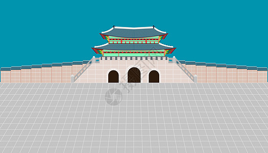 南朝鲜河边宫的长墙和大庭院 见gwanwhwamun大门和长墙图片