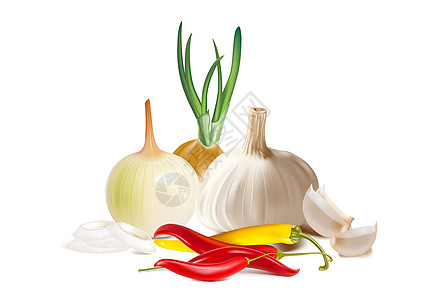 一套辣味香料和蔬菜 大蒜 洋葱 辣椒 辣椒 以白色背景隔离设计图片