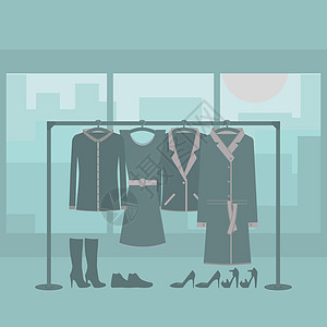 房间里的衣架上挂着女人的衣服和鞋子 套剪影 在陈列室或商店的内部 以城市房屋为背景 从窗户可以看到 矢量图图片