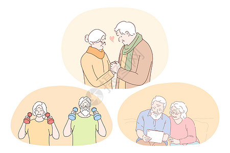 生活快乐 积极生活方式概念的老年夫妇老年人口妻子祖母退休微笑丈夫祖父男性家庭卡通片女性图片