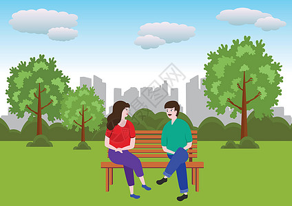 坐在长椅矢量插图旁的两个人 在市公园里图片