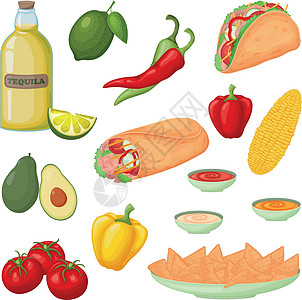 一大套墨西哥食物 如炸玉米饼 墨西哥卷饼 玉米片和龙舌兰酒 还有蔬菜 玉米 西红柿 胡椒 鳄梨和柠檬 矢量图图片
