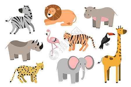 大象 犀牛 长颈鹿 豹 斑马 狮子 河马和外草等非洲动物漫画矢量图片