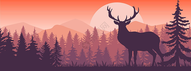 长着鹿角的鹿在山顶上摆姿势 背景是山脉和森林 带有橙色和棕色背景的剪影 插图 每股收益图片