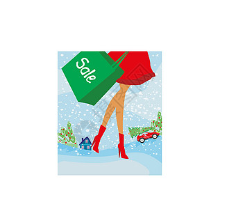 圣诞购物     冬季销售卡盒子价格市场消费者女士靴子店铺汽车女孩插图图片