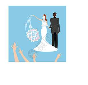 结婚夫妇 新娘扔她的婚礼花束裙子问候语男性家庭幸福团结框架情人蓝色浪漫图片