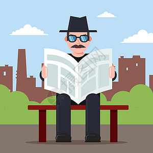 间谍坐在长凳上 手上拿着报纸和帽子图片