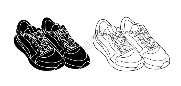 运动鞋轮廓和轮廓单色矢量图在白色背景下被隔离 为您的业务推广提供积极的生活方式运动鞋插图配饰鞋带女性空气橡皮训练收藏男人运动跑步图片