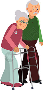 老年男子帮助高龄妇女用行走者 步行援助概念图片