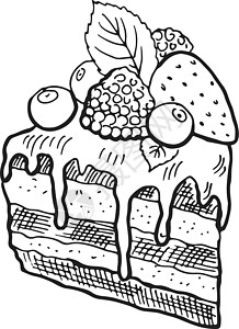用手画的风格 在顶部用冰滴和浆果绘制蛋糕切片图片