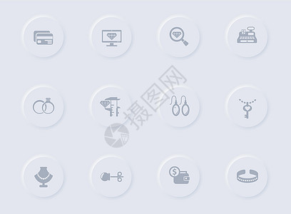 圆形橡胶按钮上的珠宝灰色矢量图标 为 web 移动应用程序 ui 设计和促销业务测绘术设置的珠宝图标金子耳环石头别针收藏宝石财富图片