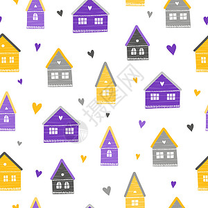 无缝模式 与房屋建筑涂鸦房子卡通片建筑学包装纺织品村庄打印紫色图片