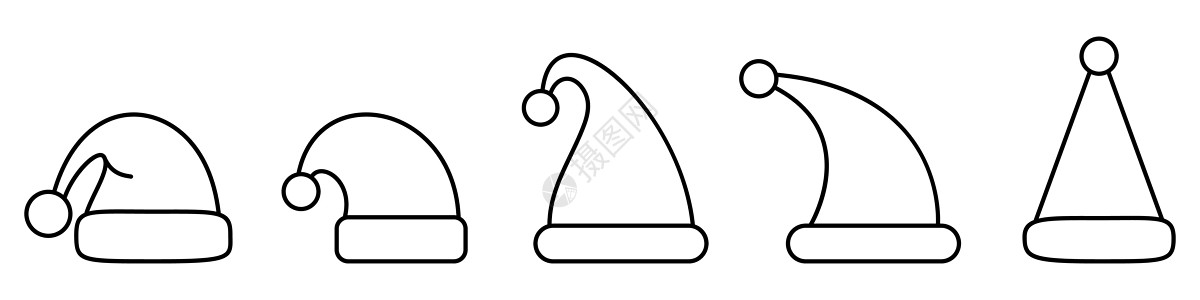 圣诞帽子图标 一套以平直线设计成的圣塔帽图标 矢量图标图片