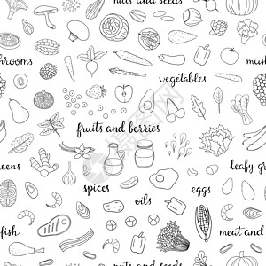 无缝模式 与苍白饮食食品产品健康重量水果手绘胡椒盘子香料时代食物图片