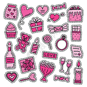 一套情人节的贴纸刺绣戒指钻石瓶子糖果气球涂鸦邀请函展示徽章图片