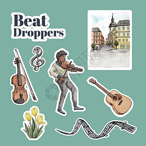 贴纸模板 配有不同音乐的街道概念 水彩色风格标识男人鼓手小提琴广告玩具爵士乐低音节日城市图片