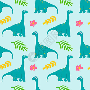 带热带植物和花卉的可爱恐龙腕龙 蓝色背景上的矢量无缝图案 儿童服装印刷品 明信片图片