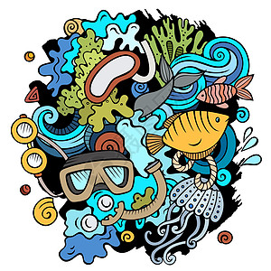 潜水卡通矢量涂鸦图解娱乐贴纸设计动物群浮潜珊瑚礁运动卡通片作品血管图片