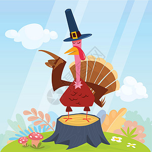 感恩节插图中的卡通有趣的火鸡鸟类人物 矢量孤立线条艺术打印帽子绘画羽毛动物邀请函海报食物图片