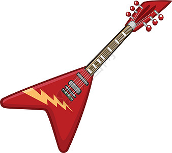 电吉他卡通漫画图标 音乐会金属或摇滚乐电子吉他插图 红色和三角形红色图片