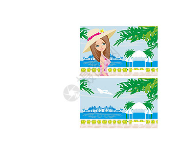 热带度假村中的美丽年轻女子孤独酒店场景行人绿洲池塘插图海滩帽子水池图片
