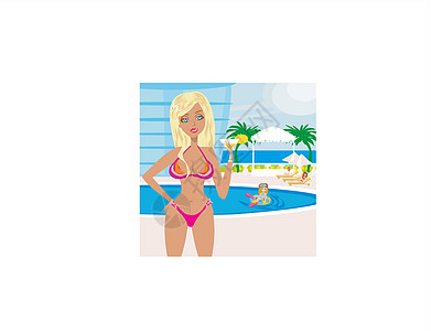 在游泳池的乐趣插图日光娱乐汽车旅游女孩旅馆热带游泳女儿图片