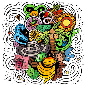 哥伦比亚手工绘制了卡通图解图文化旅行沙拉历史兰花明信片矢量秃鹰设计插图图片