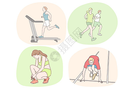 跑步 健康积极的生活方式 运动 田径 锻炼概念健身房运动员有氧运动卡通片穿越跑步机竞技赛跑者活动网络图片