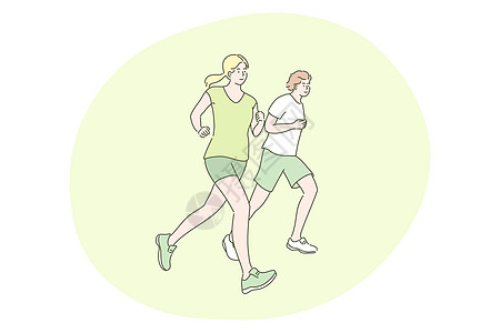 夫妻跑步运动慢跑锻炼概念女孩卡通片速度男生赛跑者男人训练活动短跑女性设计图片