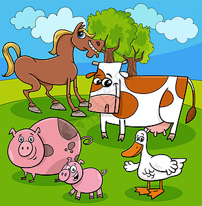 奶牛卡通草原上的卡通农场动物角色组小马国家鸭子牧场团体收藏农村牛角绘画卡通片设计图片
