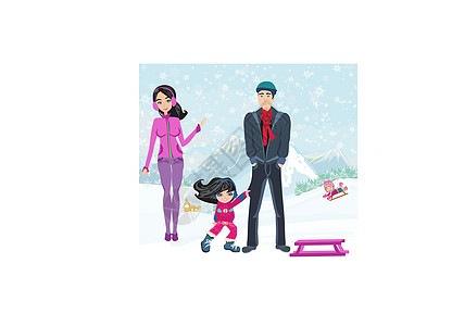 女孩想骑雪橇雪花家庭喜悦爸爸卡片降雪母亲笑声女儿季节图片